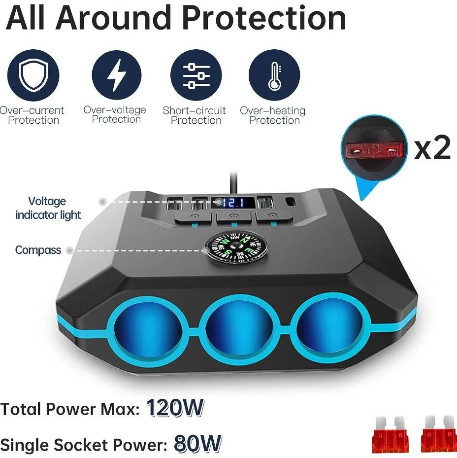 393d8849-0ba8-4ea7-a6d6-79c314a79751 TR52 Car Charger 3 USB 120W 22.5W Super Fast Charge Digital Display Cigarette Lighter QC3.0 PD 30W 3 Sockets Car Charger - Image 1