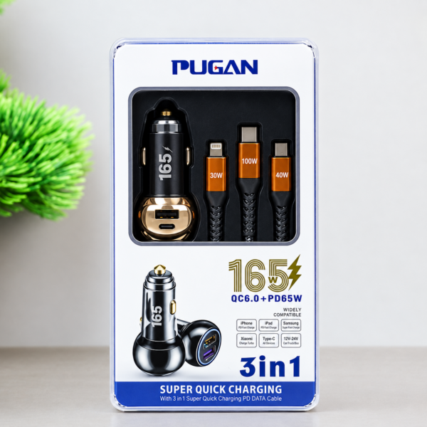 3 in 1 Pugan Car Charger 165W – High Power, Multi-Port Solution